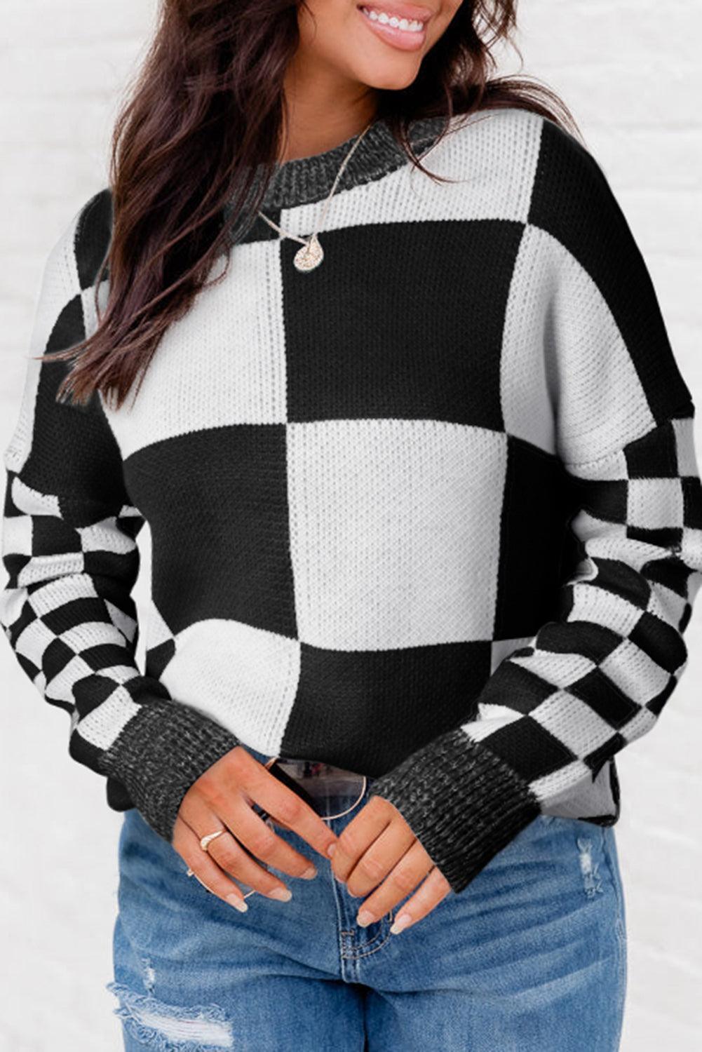Black Plaid Knitted Drop Shoulder Sweater - Ninonine