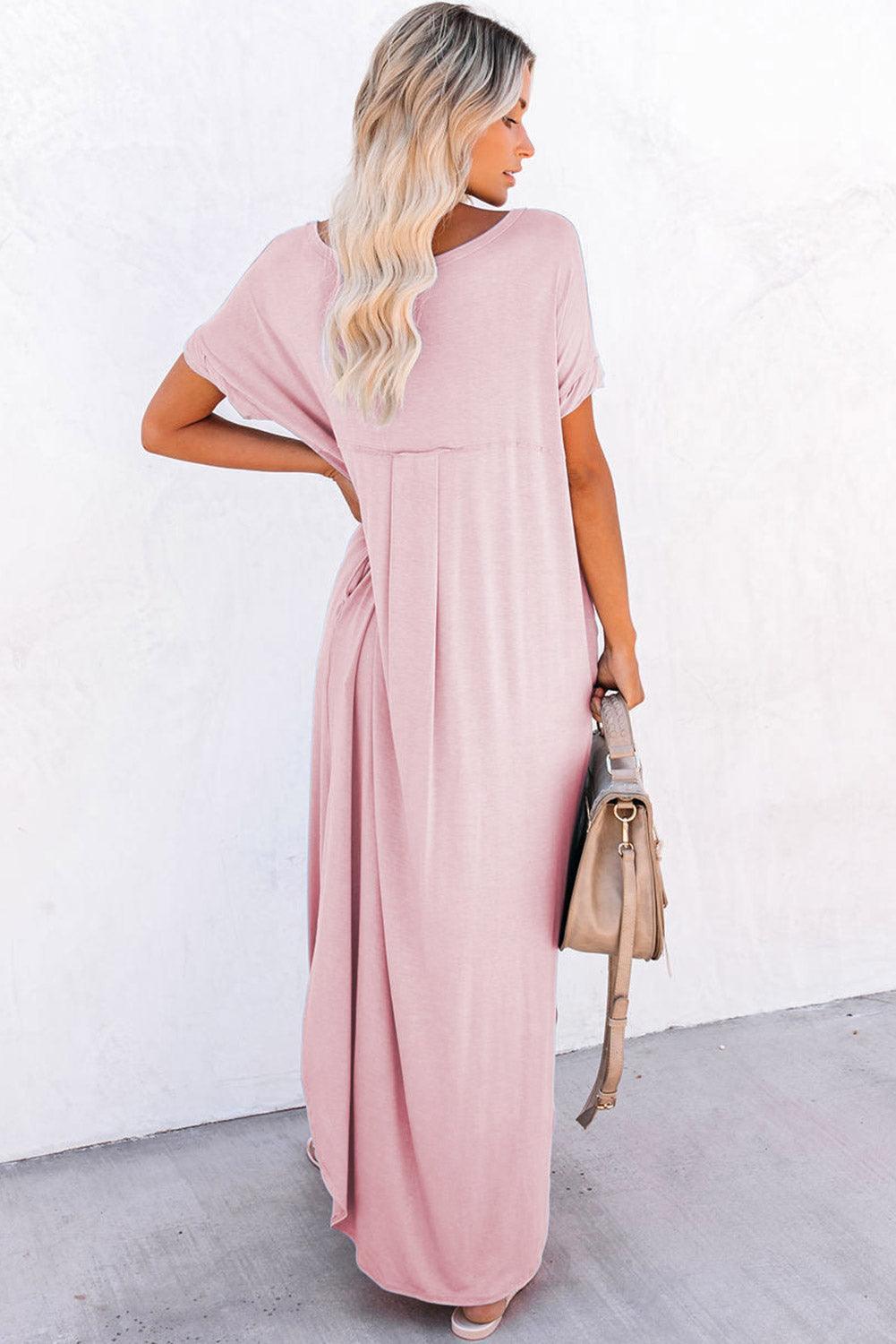 Pink Solid Color Hidden Pocket V Neck Slit Maxi Dress - Ninonine