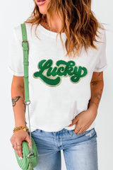White St Patrick Lucky Chenille Glitter Patched Graphic T Shirt - Ninonine