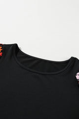 Black Floral Hollowed Crochet Sleeve Boho T Shirt