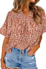 Brown Leopard Print Smocked Neck Puff Sleeve Blouse