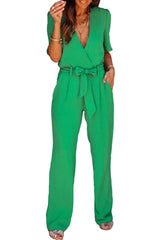 Bright Green Wrap V Neck Belted Elegant Jumpsuit