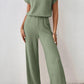 Grass Green Solid Color Ribbed Short Sleeve Wide Leg Jumpsuit