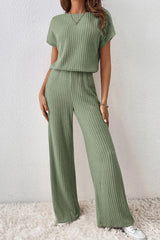 Grass Green Solid Color Ribbed Short Sleeve Wide Leg Jumpsuit - Ninonine