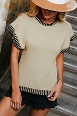 Beige Contrast Trim Round Neck Batwing Sleeve Knitted T Shirt
