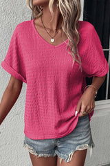 Bright Pink Textured Rolled Short Sleeve V Neck Blouse - Ninonine