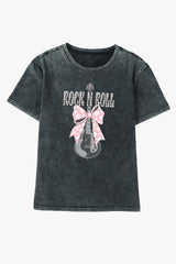 Black ROCK N ROLL Bowknot Guitar Graphic T Shirt