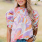 Pink Abstract Print Smocked Bubble Sleeve Blouse