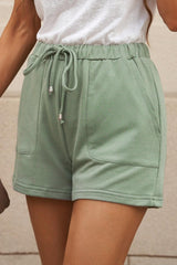 Green Drawstring Elastic Waist Pocketed Shorts