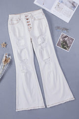 White Distressed Buttons High Waisted Flare Jeans