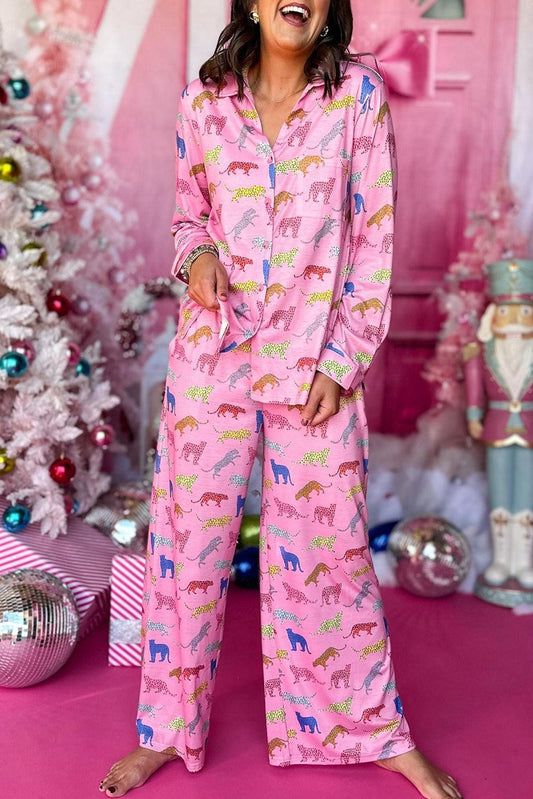 Pink Cheetah Print Shirt and Wide Leg Pants Pajama Set