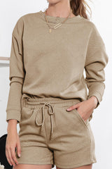 Brown Textured Long Sleeve Top & Drawstring Shorts Set