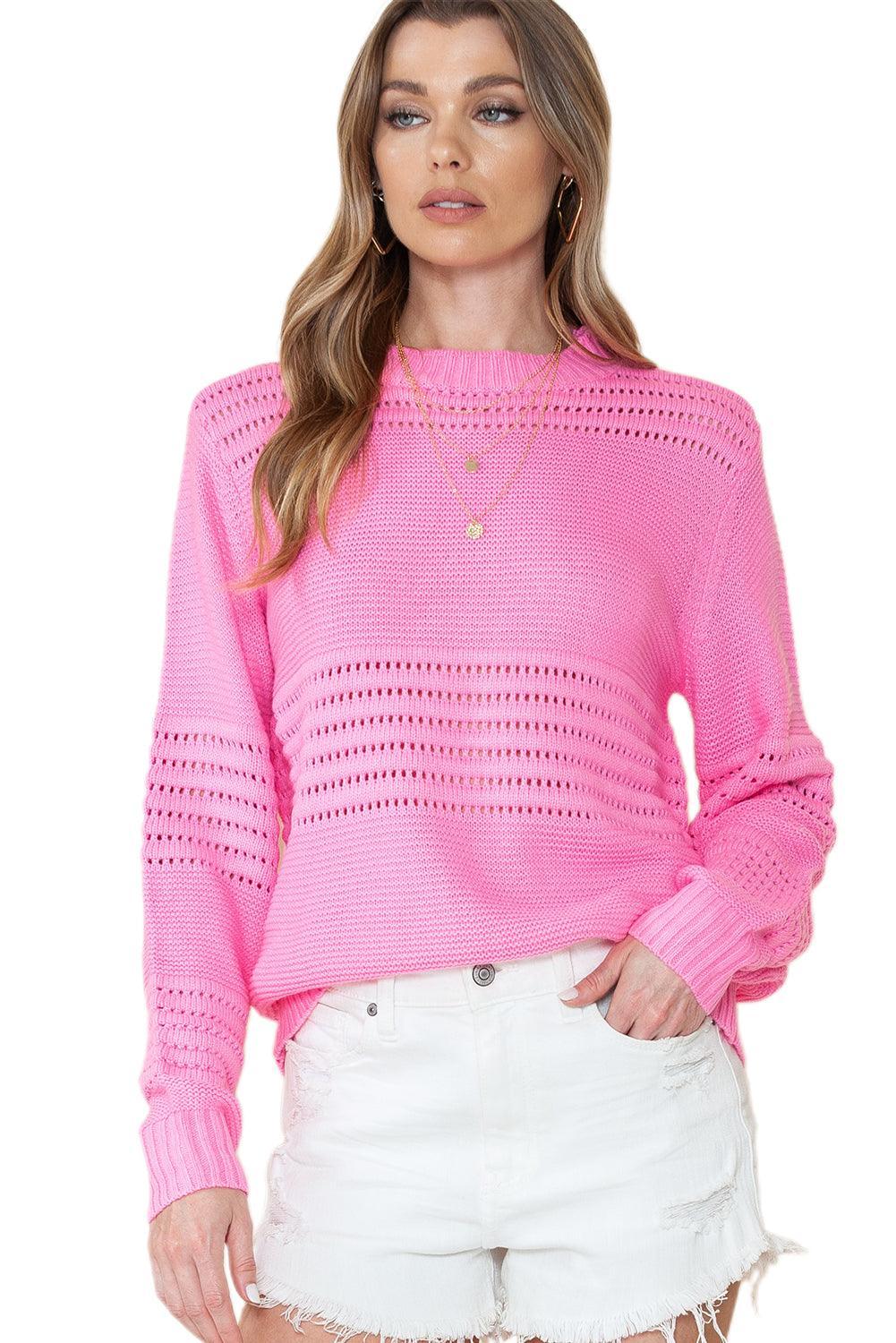 Pink Solid Color Cable Knit Eyelets Cropped Sweater