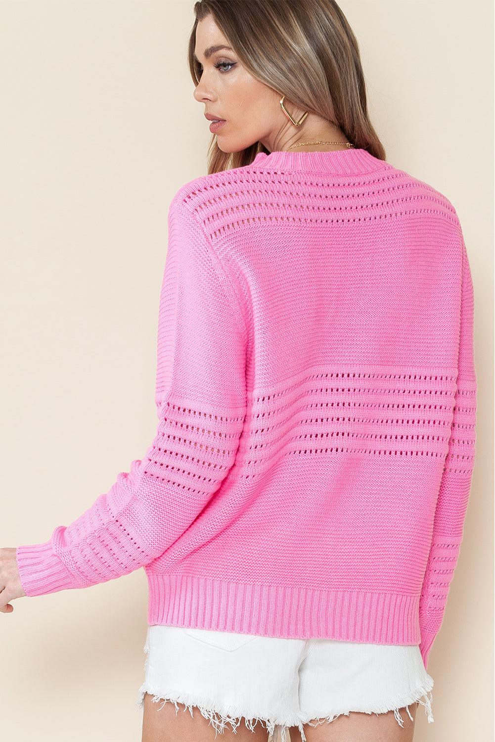 Pink Solid Color Cable Knit Eyelets Cropped Sweater