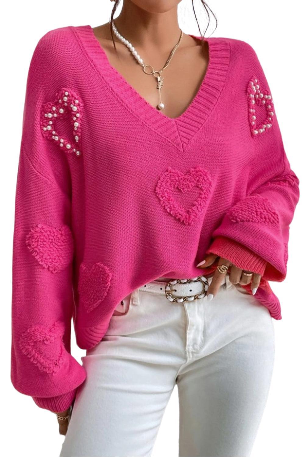 Rosy Heart Pattern Pearl Detail Drop Sleeve Knit Sweater