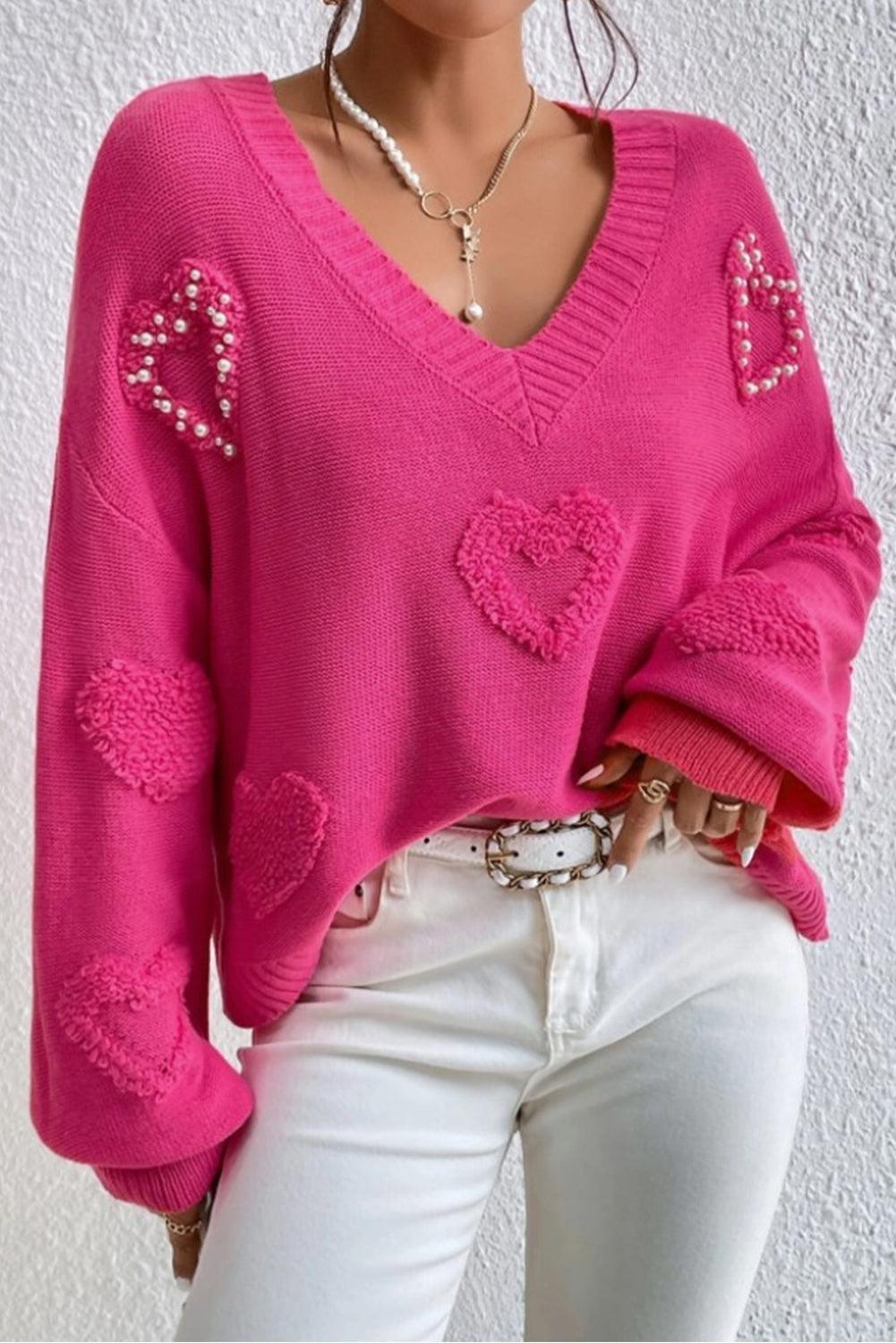 Rosy Heart Pattern Pearl Detail Drop Sleeve Knit Sweater