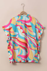Multicolor Abstract Print Ruffle Trim Tunic Blouse
