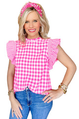 Rose Red Checkered Ruffled Trim Frilled Neck Blouse
