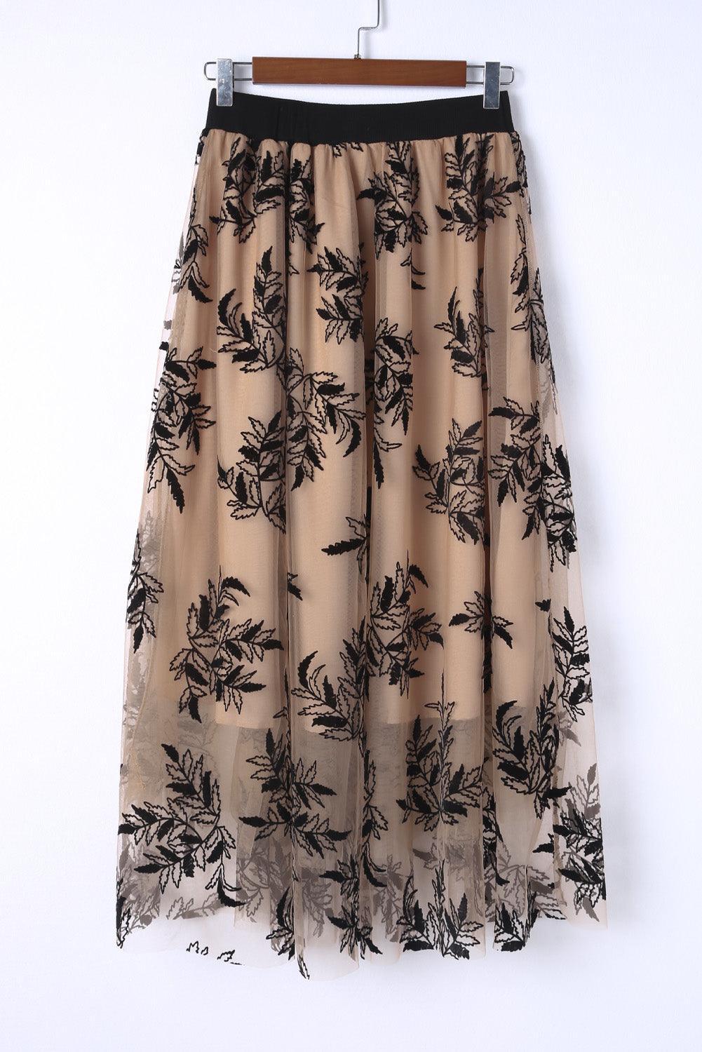 Apricot Floral Leaves Embroidered High Waist Maxi Skirt - Ninonine