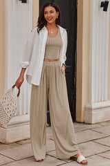 Parchment Textured Sleeveless Crop Top and Wide Leg Pants Set