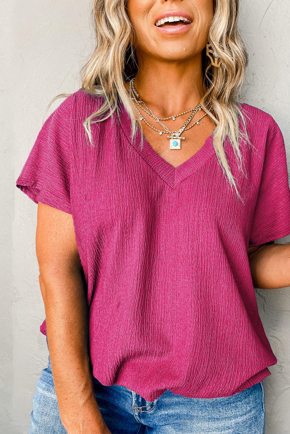 Bright Pink Solid Color V Neck Plus Size Blouse