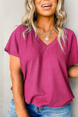 Bright Pink Solid Color V Neck Plus Size Blouse