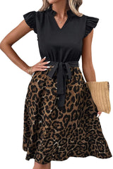 Black Leopard Print Flutter Sleeve Bow Belted Dress
