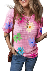Pink Colorful Floral Print Puff Sleeve Waffle Knit T Shirt