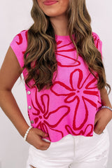 Bright Pink Side Buttons Sleeveless Floral Knitted Top