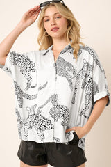 Beige Cheetah Print Buttoned Half Sleeve Shirt - Ninonine