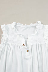 White Button Split Neck Frill Trim Sleeveless Shirt