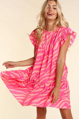 Pink Zebra Stripe Print Ruffle Trim Pocketed Mini Dress