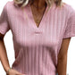 Pink Twisted Textured V-Neck Short Sleeve Blouse
