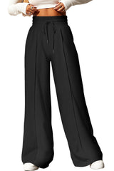 Black Terry Knit Drawstring Smocked Waist Wide Leg Sweatpants