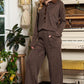 Brown Ribbed Henley Shirt and Wide Leg Pants Loungewear Set