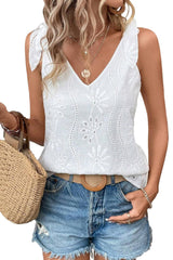 White Embroidery Detail Knotted Straps V Neck Top