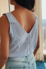 Sky Blue Striped Print Scalloped Trim V Neck Buttoned Sleeveless Shirt - Ninonine