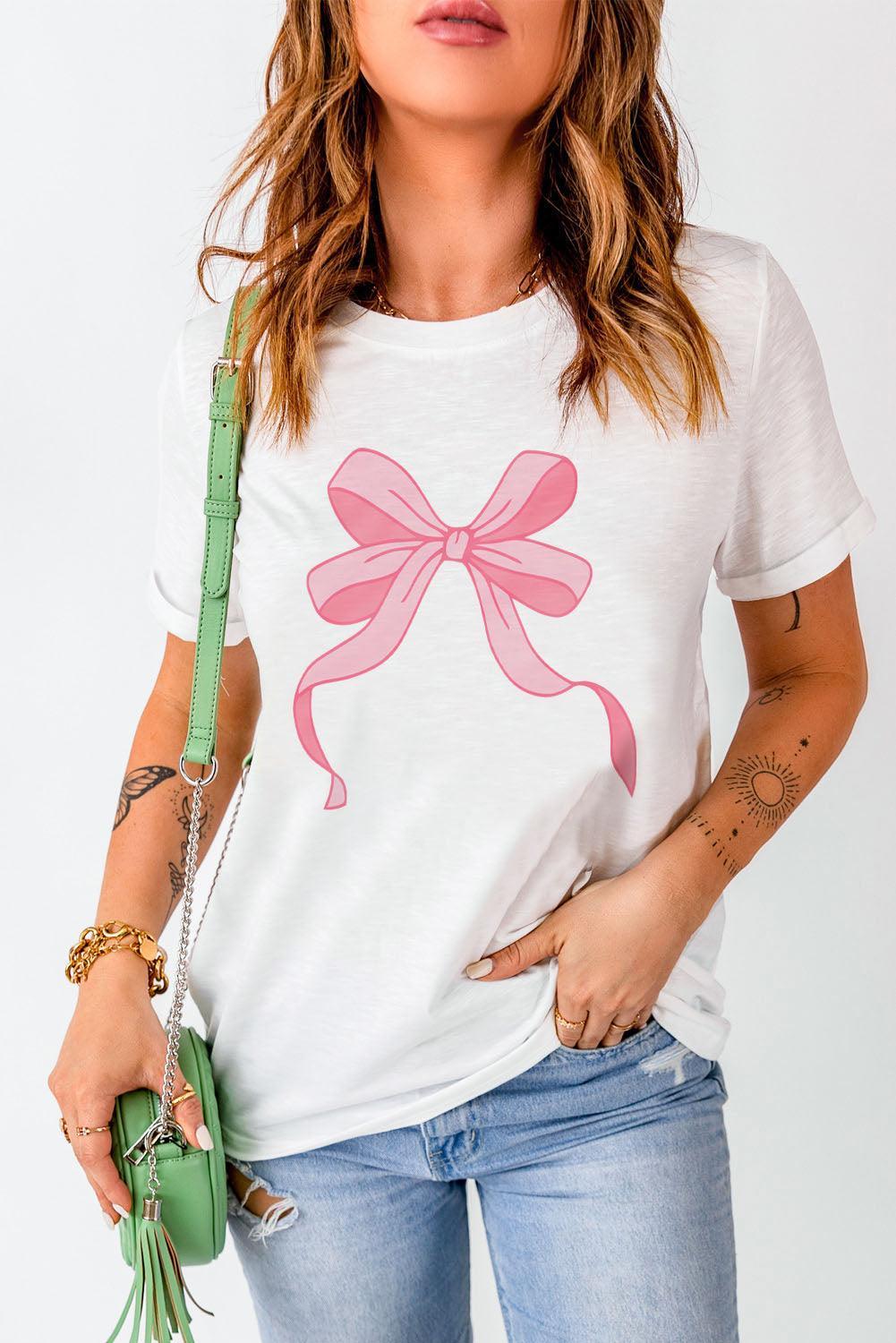 White Casual Flowing Bow Knot Graphic Round Neck Tee - Ninonine