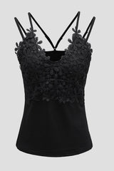 Black Casual Lace Overlay Strappy Hollow Out Camisole Top