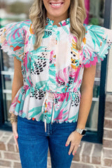 White Abstract & Leopard Print Scalloped Ruffle Sleeve Frill Blouse