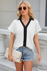 White Eyelet Contrast Seam Collared Blouse