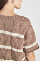 Dark Khaki Striped Twist Cable Knit Short Sleeve Sweater