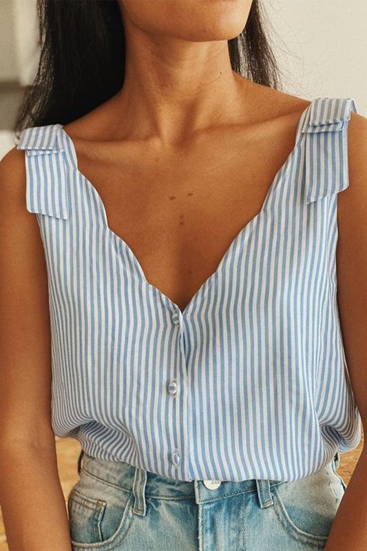 Sky Blue Striped Print Scalloped Trim V Neck Buttoned Sleeveless Shirt