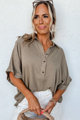 Taupe Collared Half Buttoned Dolman Sleeve Oversized Blouse