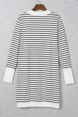 White Striped Side Pockets Open Front Long Cardigan