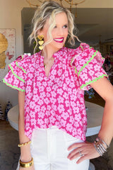 Pink Contrast Ric Rac Layered Ruffle Sleeve Floral Blouse