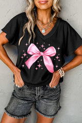 Black Textured Bowknot Starry Graphic V Neck T Shirt