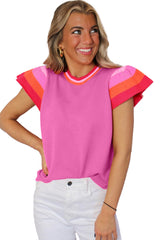 Bright Pink Contrast Sleeve Striped Round Neck Knitted Tee
