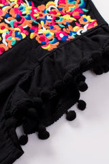Black Pom Pom A Line Ruffled Sleeveless Short Dress - Ninonine