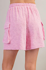 Pink Textured Floral Loose Fit Tee and Cargo Pocket Drawstring Shorts Set
